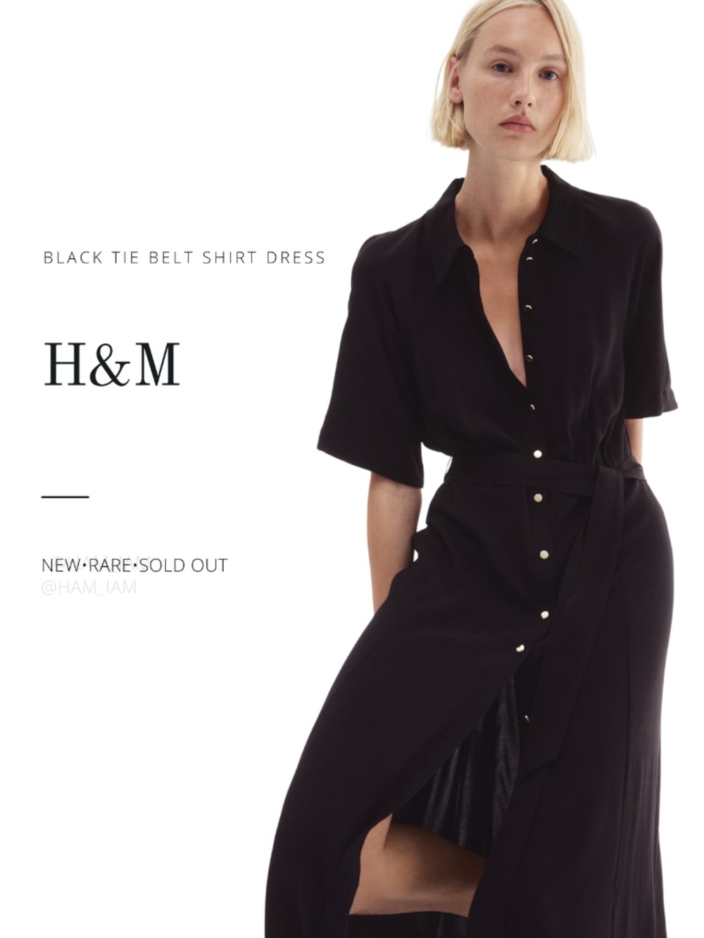 NEW SOLD OUT H&M Black & Gold Button Long Midi Tie Belt Shirt Dress